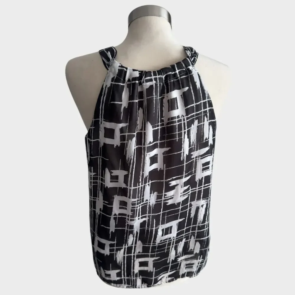 Adiva Large Halter Black White Print Sleeveless Top Polyester and Lined
